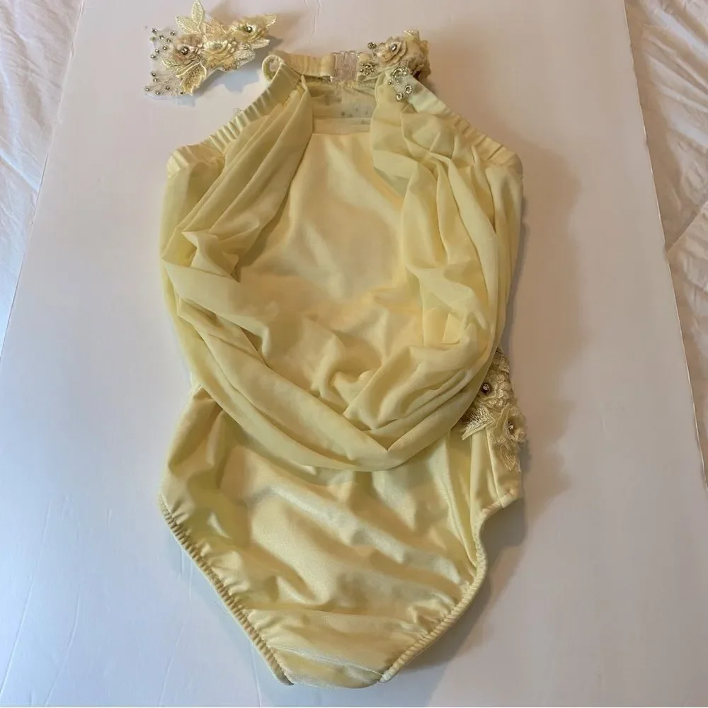 Glamour solo dance costume leotard pale yellow embellished rhinestone lace MC